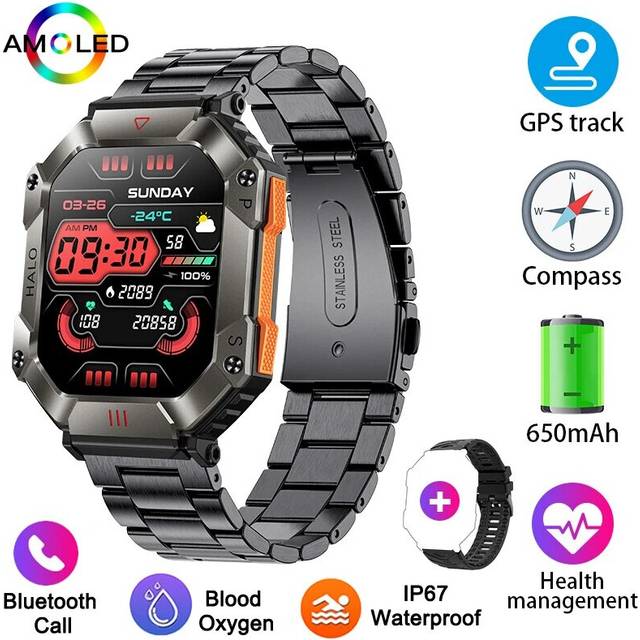 (Steel strip black, With Compass) [2023 New] Rugged Military Smart Watch Men Super Big Battery Fitness Tracker