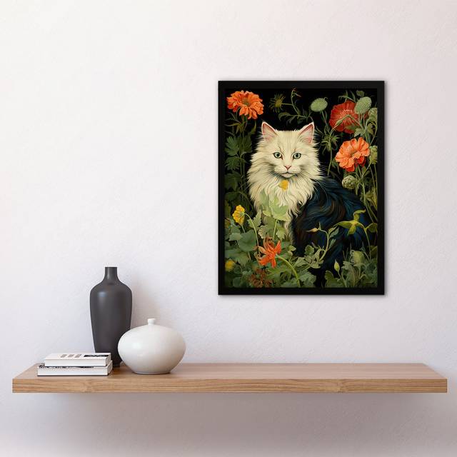 Stylish Black And White Cat Flowers Green Floral Design - Single Picture Frame Art Prints - Multicoloured (43.3cm H X 33.3cm W)