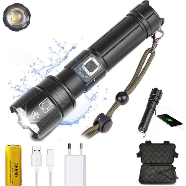 XANES P70 1800 Lumens USB LED Zoomable Tactical Flashlight 5 Modes IPX4 Waterproof Spotlight Searchlight With Charger 26650 Battery Sto