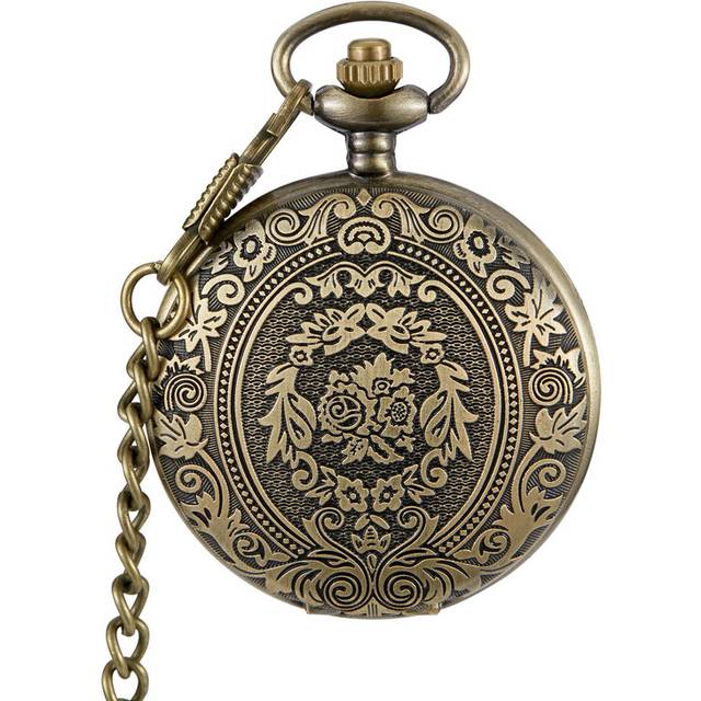 (Bronze) Antique Steampunk Vintage Arabic Numerals Quartz Pocket Watch Floral Pattern