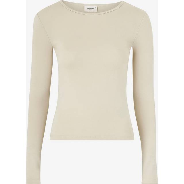 Gina Tricot – Stenfärgad, ribbad topp i jersey med långa ärmar och rund halsringning-Naturlig
