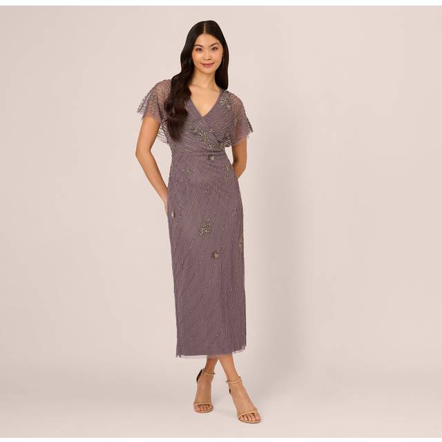 Beaded Ankle Length Dress With Sheer Flutter Sleeves In Moonscape - 0