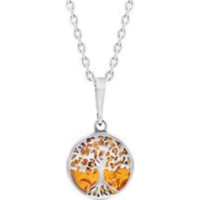 Sterling Silver Small Amber Round Tree of Life Necklace - Silver