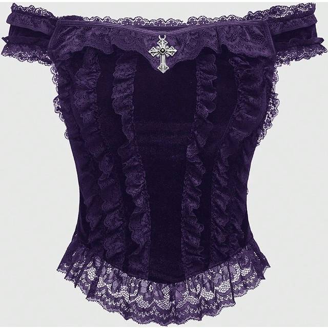ROMWE Gothic Style Cross Decor Lace Patchwork Velvet Off Shoulder Blouse For Women
