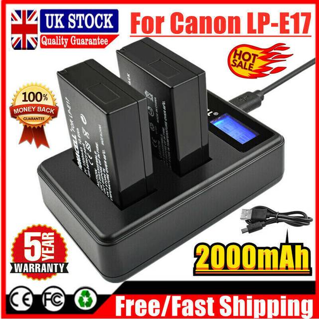 2x 2000mah lp-e17 battery + lcd dual charger for canon eos m3 m5 750d 760d 800d