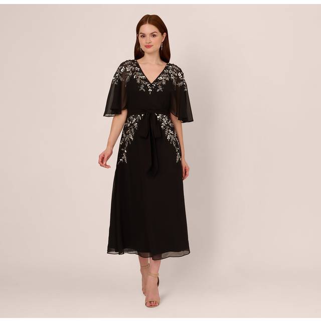 Beaded Chiffon Ankle Length Gown With Dolman Sleeves In Black - 0