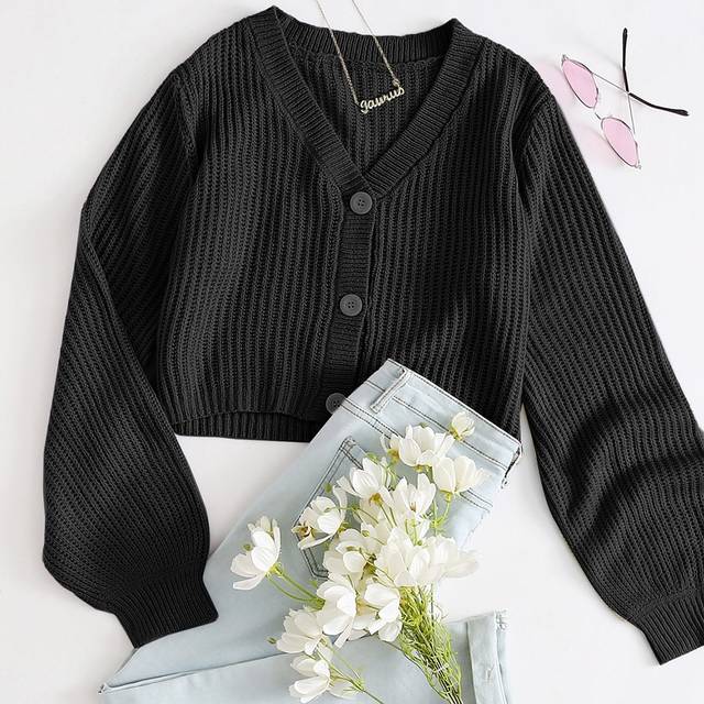 SHEIN Autumn And Winter Loose And Casual Black V Collar Long Sleeves Ribbed Knit Button Front Cardigan