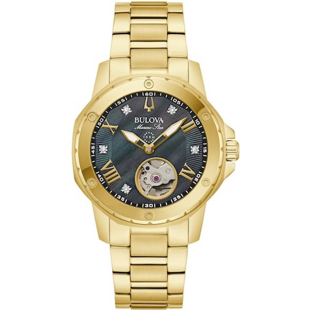 Bulova Marine Star Gold Tone Stainless Steel Black Mother Of Pearl Dial Automatic 97P171 100M Women's Watch mother of pearl