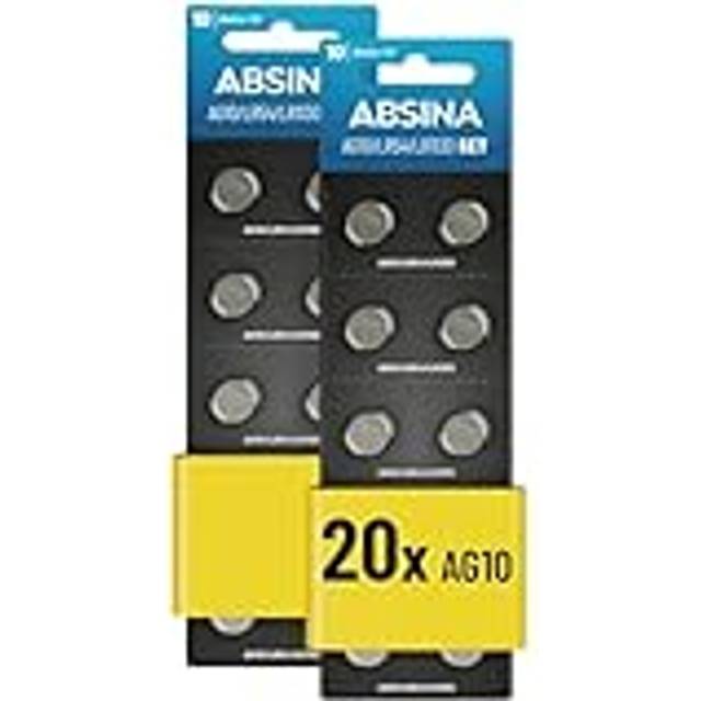 AG10 LR1130 knappcell 20-pack – 1,5 V alkaliska knappceller läckagesäker och med lång hållbarhet – LR54/V10GA/RW49/G10A/189/GP189/L1130/89A – knappbatterier batterier ABSINA