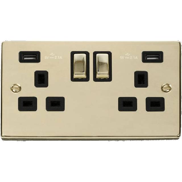Click Deco 13A Ingot 2G Switched Socket With Twin USB 4.2A Outlets Polished Brass Insert Black