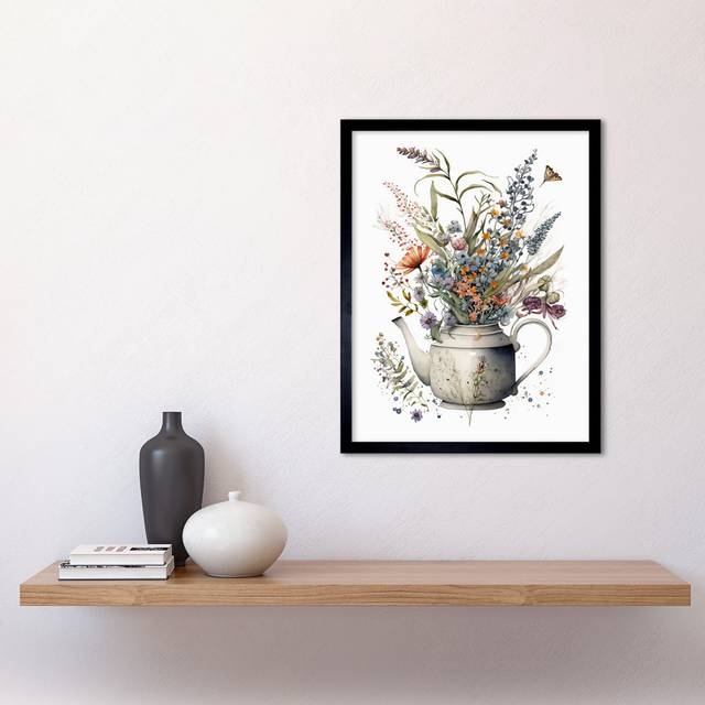 Spring Wildflower Bouquet In White Ceramic Teapot Art Print Framed Poster Wall Decor 12X16 Inch - Multicoloured (43.3cm H X 33.3cm W)