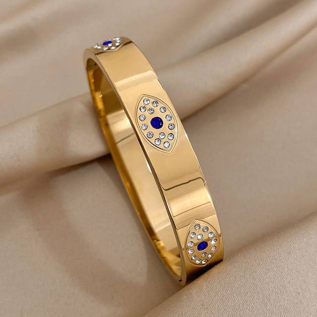 SHEIN 1 PC Gold Color Evil Eyes Stainless Steel Bracelet For Women Men Luxury Design Rhinestone  Wide Cuff Bangles Couple Bracelets