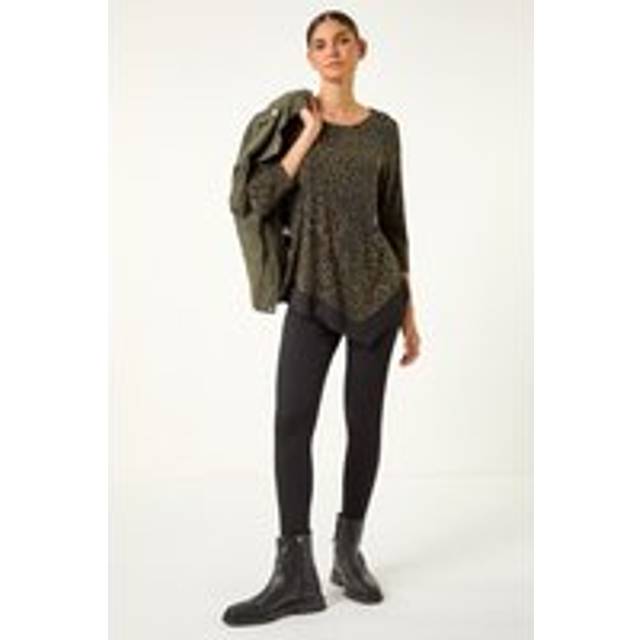 Animal Print Chiffon Asymmetric Hem Top - Khaki - Size 14 - Roman
