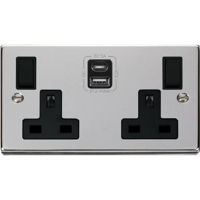 Click Deco 2G 13A Switched Socket With Type A & C USB 4.2A Outlets Polished Chrome Insert Black
