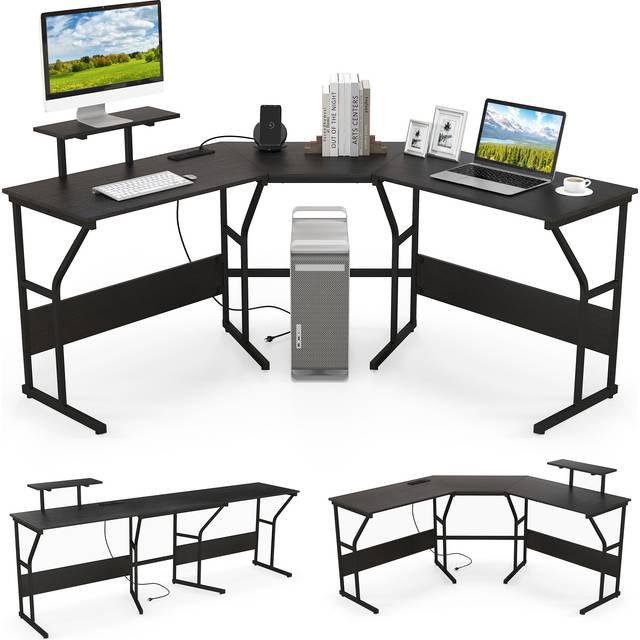L-shaped Desk Corner Computer Desk with Movable Monitor Stand-Black