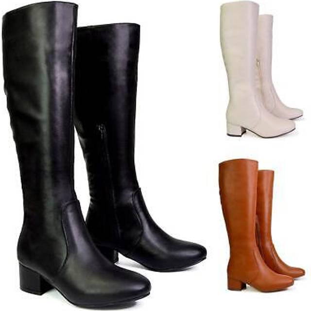 'Valeria' Zip Up Knee High Boots With Mid Block Heel - Black - 3