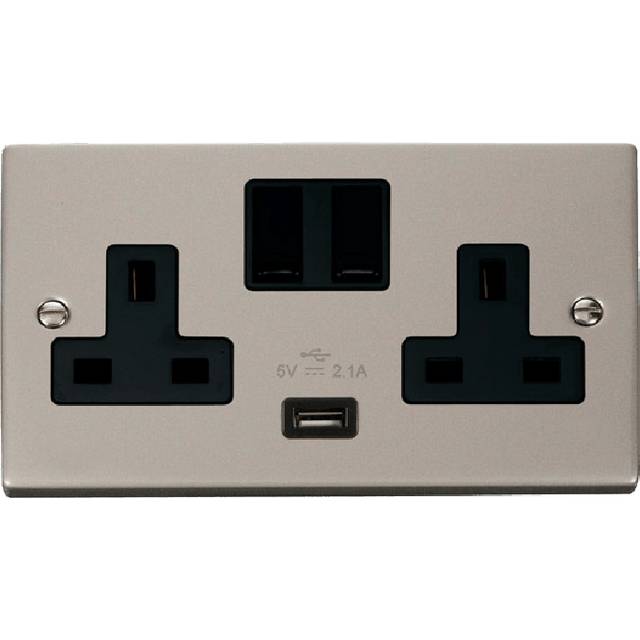 Click Deco 13A 2G Switched Socket With USB Outlet Pearl Nickel Insert Black