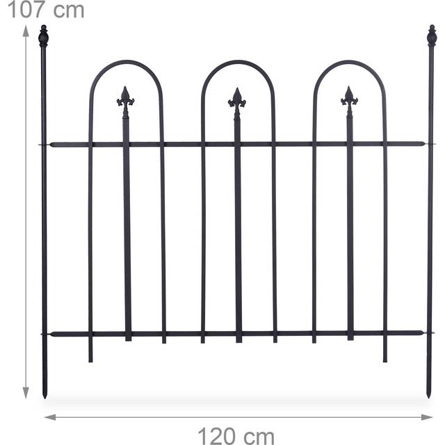 Relaxdays - goth Metal Garden Fence, Complete Set, 4.8 m, Powder-Coated Iron, Metal Fence, 4 Panels of 90 x 120 cm, Grey, Black