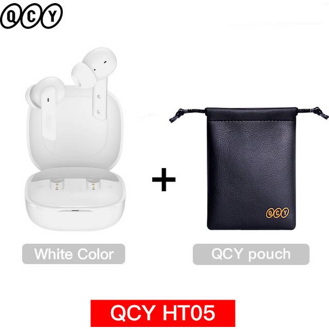 (White with Pouch) QCY HT05 ANC Wireless TWS Bluetooth 5.2 Earphones 40dB Active Noise Cancellation