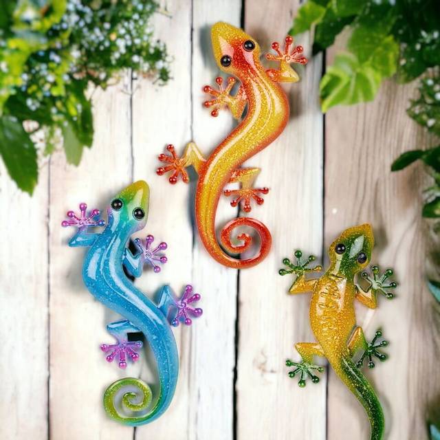 3 Pc Set Metal Lizard Garden Fence Hanging Decoration Ornaments - Multicoloured (23cm H X 44cm W X 3cm D)
