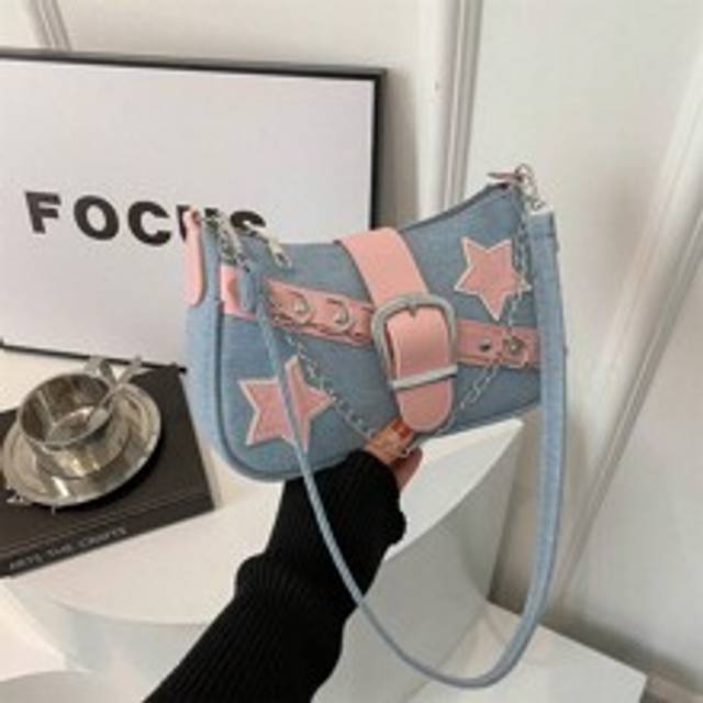 Dekorativa spänndetaljer, sömmar, Axelremsväska med kedjerem, Dekorativ axelväska med spänne för kvinnor, Street Fashion Hobo-väska, Small/Medium Size - Blå (En-Storlek)