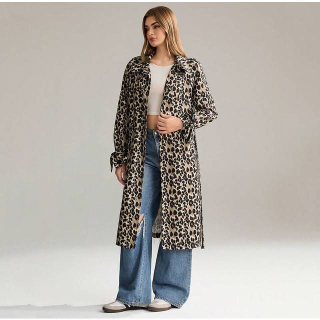Flirla Women&#39;s Long Sleeve Open Front Fashionable Elegant Leopard Print Long Trench Coat With Belt