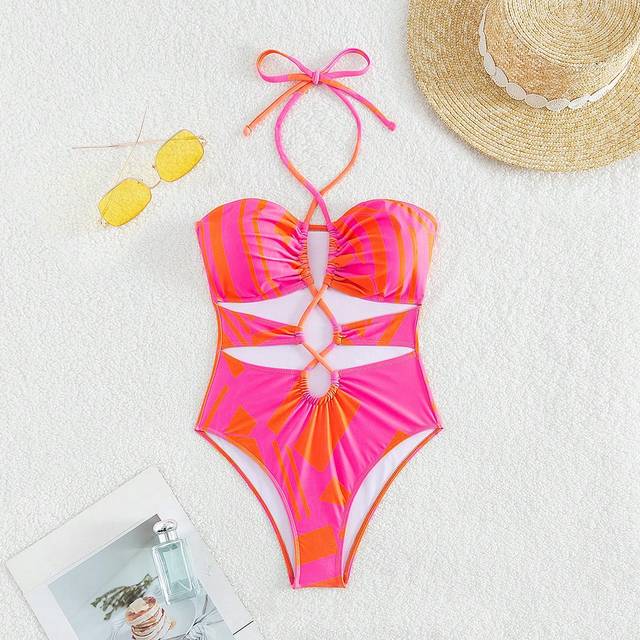 SHEIN Summer Beach Allover Print Cut Out Halter One Piece Swimsuit