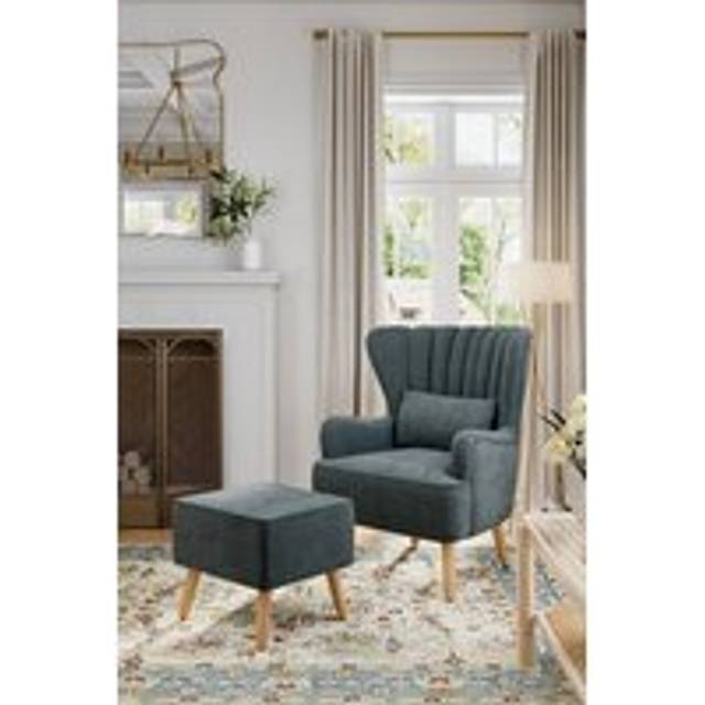 Grey Brushed Fabric Stripe Curved Backrest Armchair with Footstool & Cushion - One Size