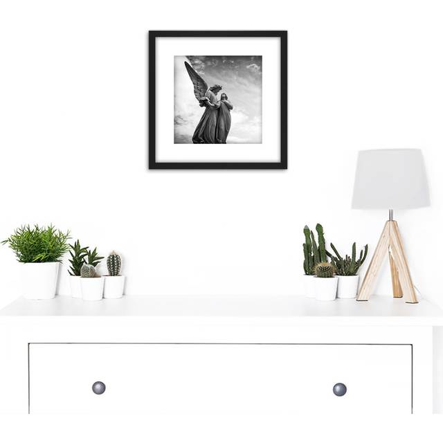 Angel Statues Black White Photo 9X9 Inch Square Wooden Framed Wall Art Print Picture With Mount - Black;White (25.6cm H X 25.6cm W)