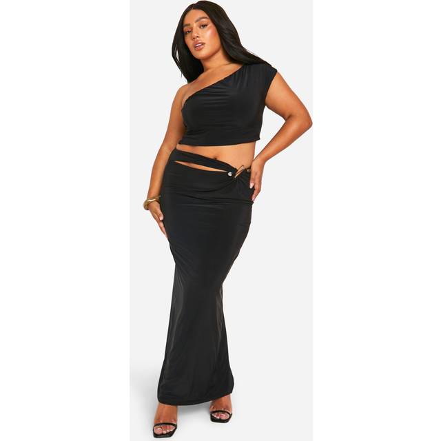 Womens Plus Double Slinky Cut Out Trim Detail Maxi Skirt - Black - 22, Black