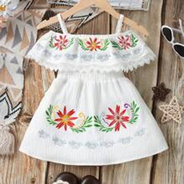 Ny vår/sommar spädbarnsbroderi off Shoulder Klänning med stort blommönster - Vitt (6-9M,9-12M,12-18M,18-24M,2-3Y)