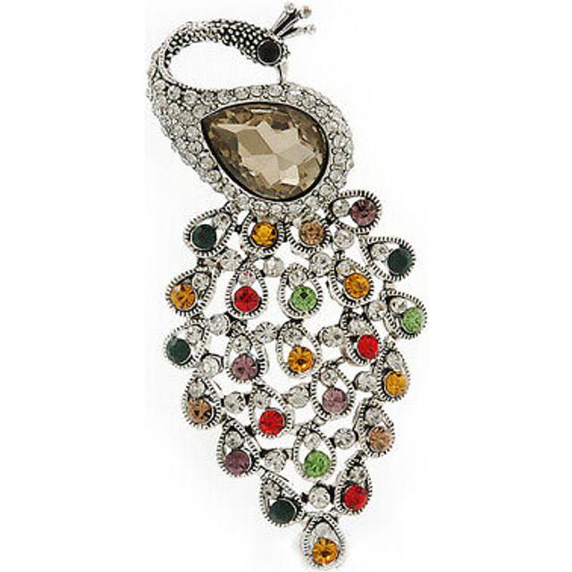 Vintage inspired multicoloured swarovski crystal 'peacock' brooch in silver
