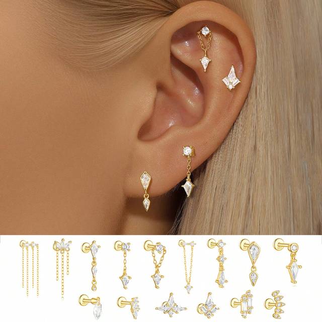 SHEIN Single One S925 Sterling Silver Earrings Moon Star Pendant Earrings Screw Ball Thread Ear Bone Nail Cartilage Piercing Earrings Single One Earrings