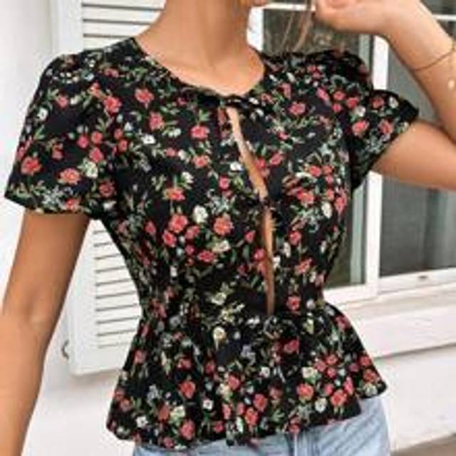 Kvinnor Sommar Kortärmad Volang Hem Blus I Röd Rose Ditsy - Svart (L,M,S,XS)