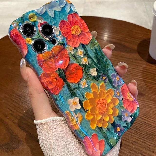 SHEIN 2D Printed Floral Painting Phone Case Compatible With Apple IPhone 15 Pro Max, IPhone 14, 13, 12, 11, Anti-Drop, Soft Cover, Spring/Summer, Blue Light