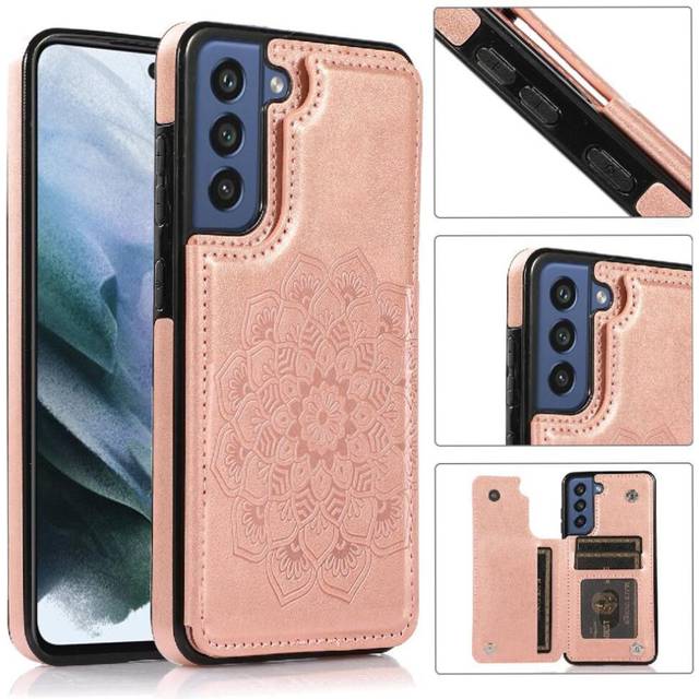 (Pink) Wallet with Card Holder Case for Samsung Galaxy S21 Fe Pattern Flower Double Buttons Pu Leather Flip Shockproof Embossed Mandala