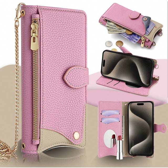 keyunfei Fashion Crossbody Bag With Metal Chain, Mirror, Wallet, Card Slots, Shockproof Case Compatible With IPhone Apple XR, Galaxy A32 4G, OPPO A54, Moto G22