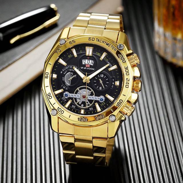 VA VA VOOM VA VA VOOM 1pc Golden Stainless Steel Strap Fashionable Round Dial Quartz Watch, For Daily Life,As A Father&#39;s Day Gift As A Gift For Students Returnin