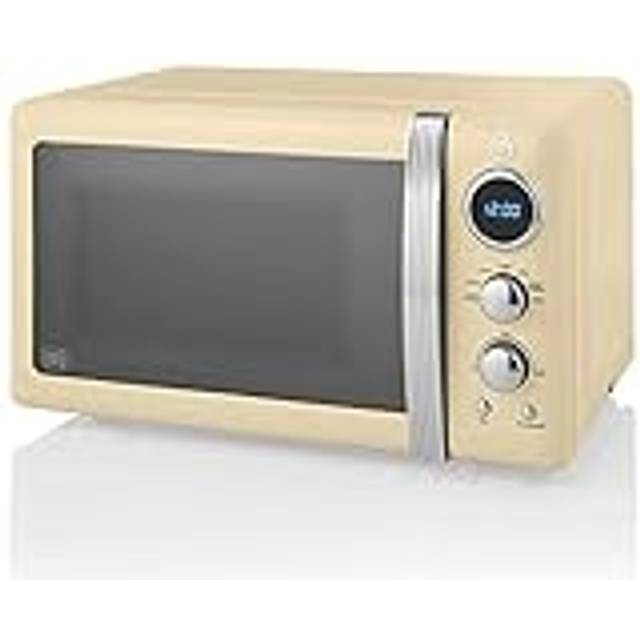 Swan Retro SM22030CNEU digital mikrovågsugn 20 L, 5 effektnivåer, upptiningsfunktion, 60 minuters timer, dörr med spegeleffekt, 27 cm roterande tallrik, vintage design, kräm, 800 W