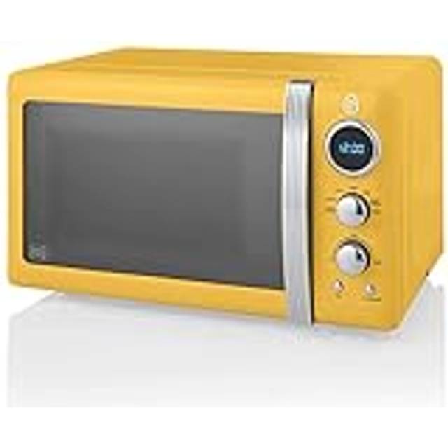 Swan Retro SM22030YELNY digital mikrovågsugn 20 L, 5 effektnivåer, upptiningsfunktion, 60 minuters timer, dörr med spegeleffekt, 27 cm roterande tallrik, vintage design, gul, 800 W