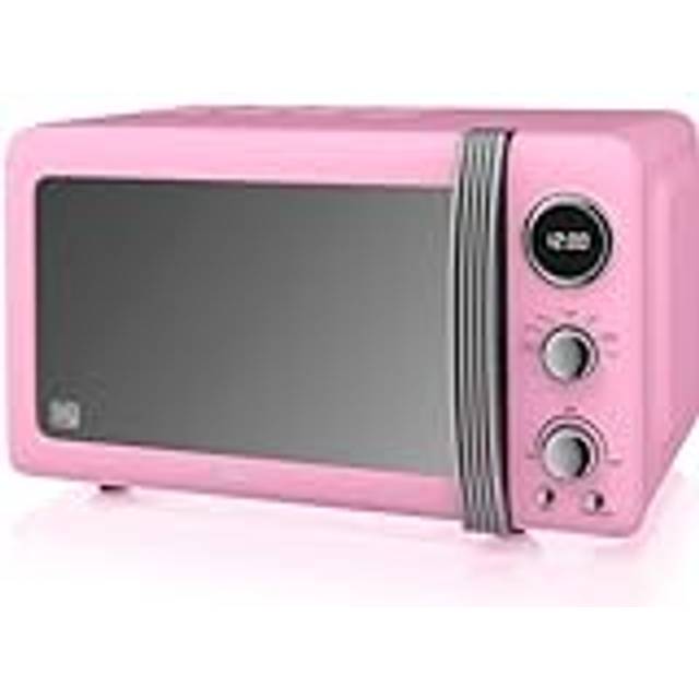 Swan Retro SM22030LPNEU 20L digitalt mikrovågsugn, 5 effektnivåer, upptiningsfunktion, 60 minuter, spegel effektdörr, roterande bricka 27 cm, vintage design, rosa, 800 W
