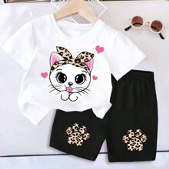 Tvådelade outfits, sommarset, vit topp, svarta shorts, babyflickor casual enkelt tecknat kattmönster kortärmat set, lämplig för vår och sommar - Multifärgad (6-9M,9-12M,12-18M,18-24M,2-3Y)