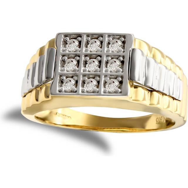 (Z+2) Jewelco London Men's Solid 9ct Yellow and White Gold White Round Brilliant Cubic Zirconia 9 Stone Square Cluster Signet Ring