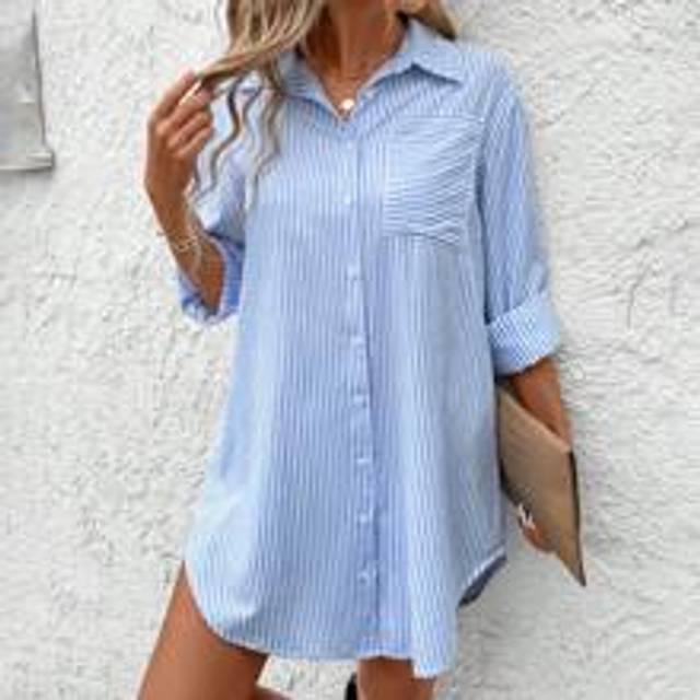 Dam Vår Sommar Casual Blå & Vit Randig skjortklänning med asymmetrisk fåll, sidoslits och fickor - Blått och Vitt (L,M,S,XL)