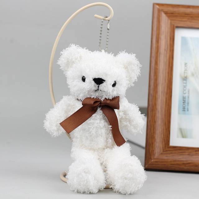 (Cream) Sweet Teddy Bear Plush With Ribbon Short Fur Stuffed Animal For Backpacks