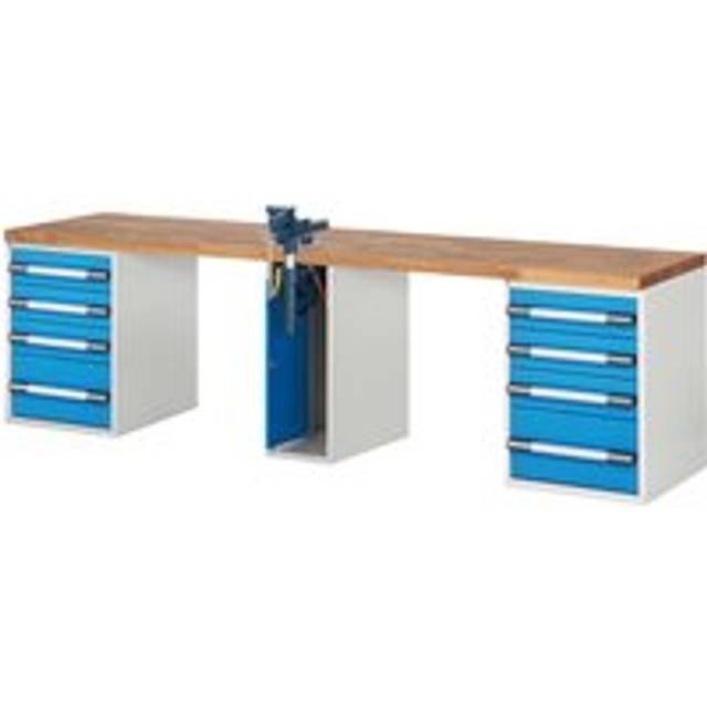 eurokraft pro 8 drawers, 1 vice in the middle, 8 drawers, 1 vice in the middle, WxD 3000 x 700 mm - light grey RAL 7035