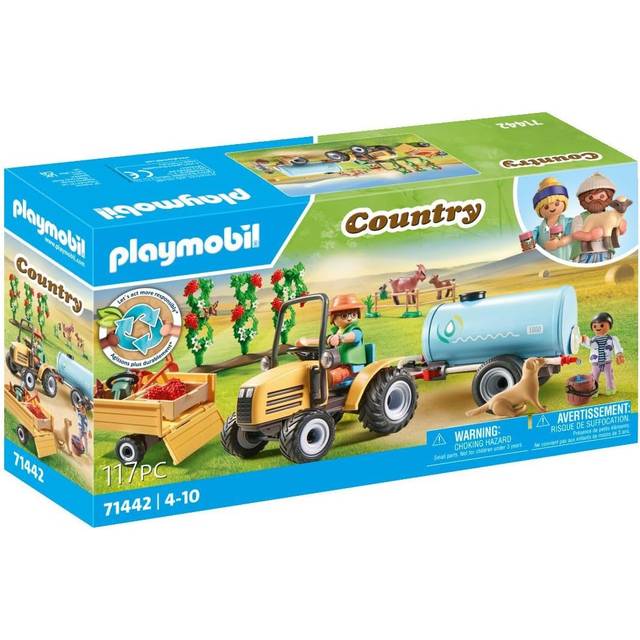 PLAYMOBIL 71442 Country Traktor med släpvagn och vattentank, färsk skörd på gården, lära sig om miljön, roligt och fantasifullt rollspel, hållbara lekset lämpliga för barn från 4 år och uppåt.