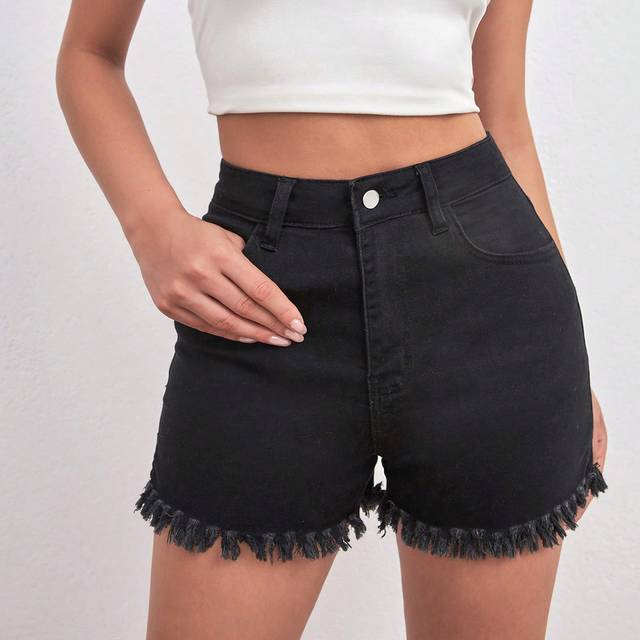 SHEIN RAW HEM WHITE MINI SHORT SLIT DETAIL , BLACK JEAN SHORTS ,BLACK JORTS
