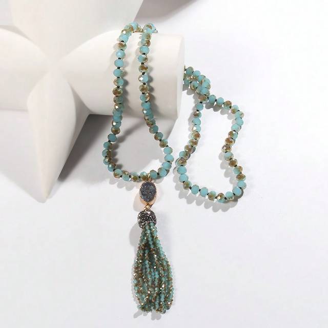 SHEIN 1pc Fashionable Bohemian Jewelry 8mm Sparkling Crystal Glass Knotted Y-Shaped Tassel Necklace, Suitable For Women&#39;s Daily Wearing