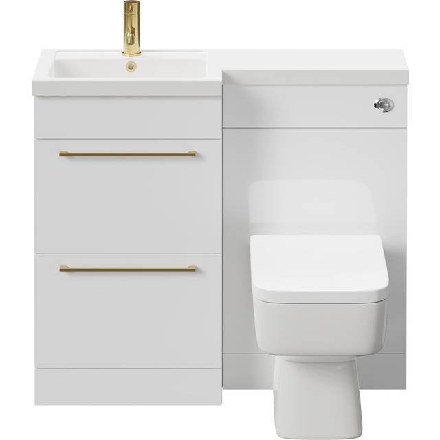Napoli Combination Vanity Unit Toilet Suite with Left Hand L Shaped 1 Tap Hole Basin and 2 Drawers with Brushed Brass Handles | Gloss White | Plastic | 1000mm